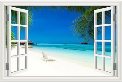 Inspire Select 3D Beach Window View Wall Sticker Ocean Sky Landscape Peel & Stick PVC Wallpaper 13 28 40 In