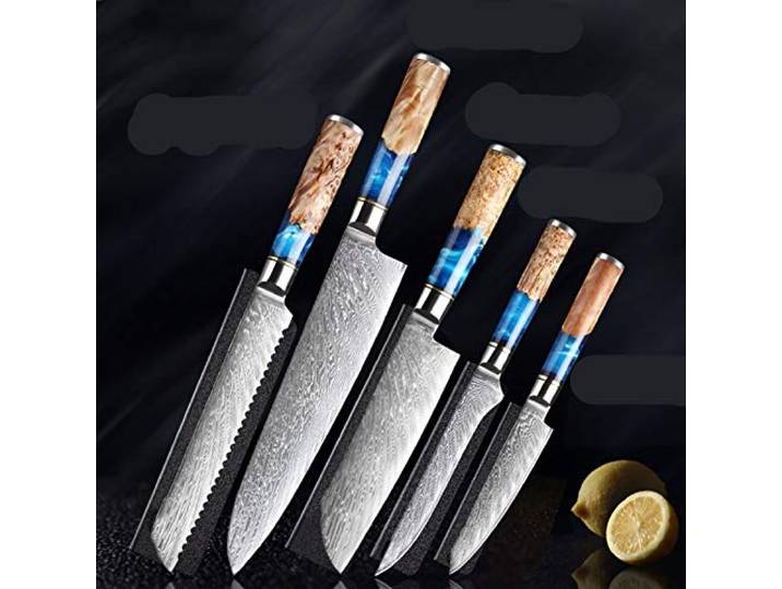 Küchenmesser-Set Damaskus-Stahl Vg10. Chefmesser Kleber Paring Brot Messer blaues Harz und Farbe Holzgriff Kochwerkzeug Chefmesser (Color : 5pcs knives)
