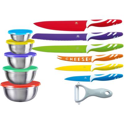 Allzweckmesser KING "FRUTI FUNNY", bunt, Spezialklingenstahl, Stahl, Kochmesser, 17tlg., 6 Messer, 1 Schäler, 5 Schüsseln aus Edelstahl inkl. 5 Deckel