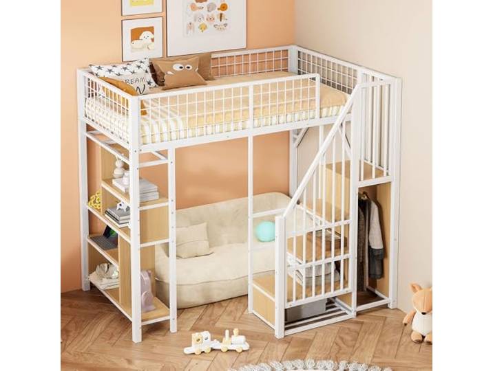 Merax Multifunktionales Hochbett 90x200 cm, aus Metall, mit Stauraumtreppe, Ablageflächen, offenem Bereich, Jugendbett/Kinderbett/Erwachsenenbett, Weiß (ohne Matratze)