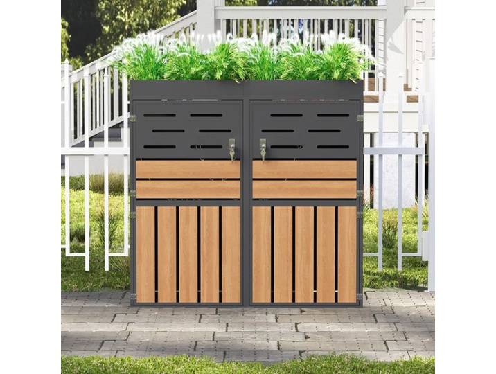 Armoire extérieure multifonctionnelle avec boîte à plantes intégrée: Ventilation des lamelles Gris Deux compartiments séparés
