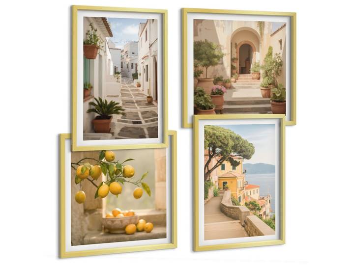 BILDER SET 4er Set - 50x50 cm & 40x60 cm Goldrahmen - Zitrusbaum im Fenster am Meer