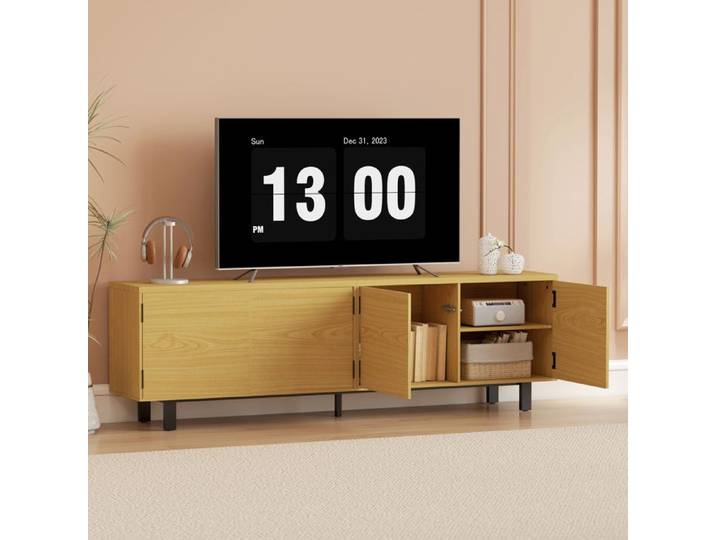 MOTHINESSTO6012-Meuble TV 180 cm meuble télé pour 82 pouces avec 4 portes à ouverture par pression 180x35x55 5cm bois naturel