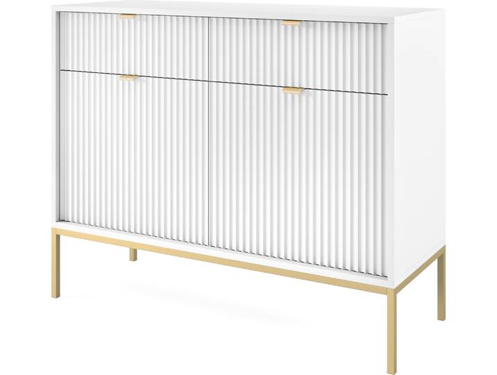 Selsey Sideboard Vellore Commode 2 portes avec 2 tiroirs\, blanc avec façades cannelées et pieds métalliques dorés\, 104 cm