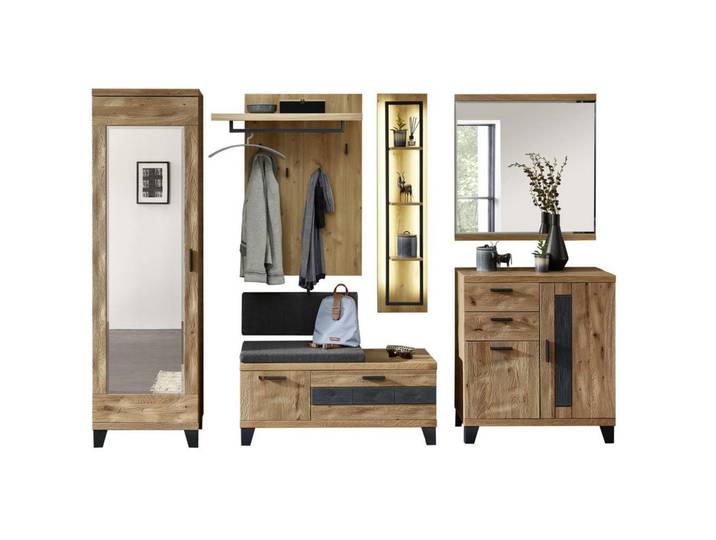 Linea Natura Garderobe, Grau, Eichefarben, Holz, Textil, Holzwerkstoff, 8-teilig, Wildeiche, massiv, 293x203x38 cm, Garderobe, Garderobensets & -serien, Garderoben-Set