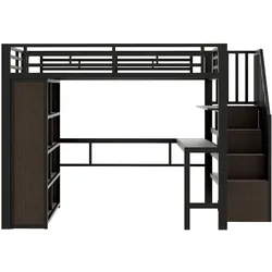 STILVORA Hochbett Metall Schwarz 251x144x169,4 cm, gewerblich geeignet, mit Schreibtisch, Regal, LED