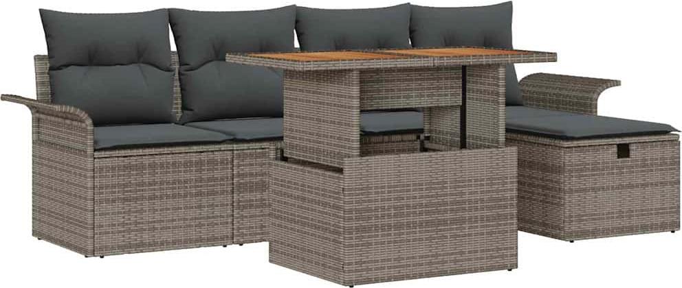 Gartenmöbel-Set, 6-teilig, für Terrasse & Balkon, Poly-Rattan & Akazienholz, höhenverstellbar, 5 Sitzplätze, Grau