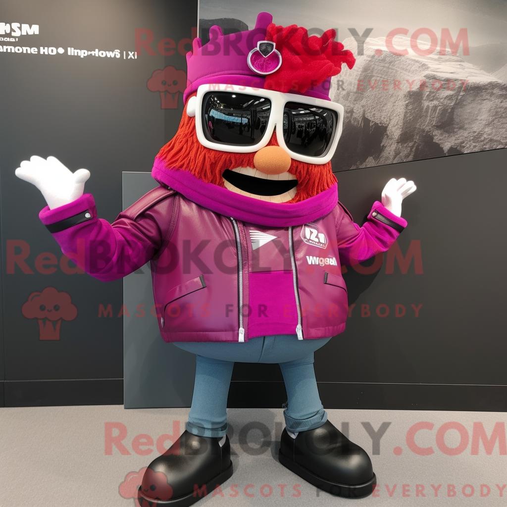 Maskottchenfigur REDBROKOLY eines Magenta-Königs mit Bikerjacke und Messenger-Tasche