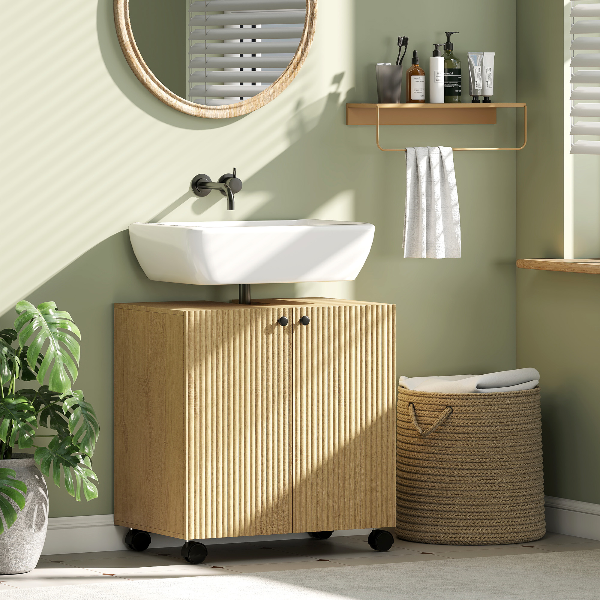 Homcom Mobile sotto lavabo 3 ripiani regolabili con ruote, 60cm x 39,8cm x 62cm Legno naturale   Aosom Italy