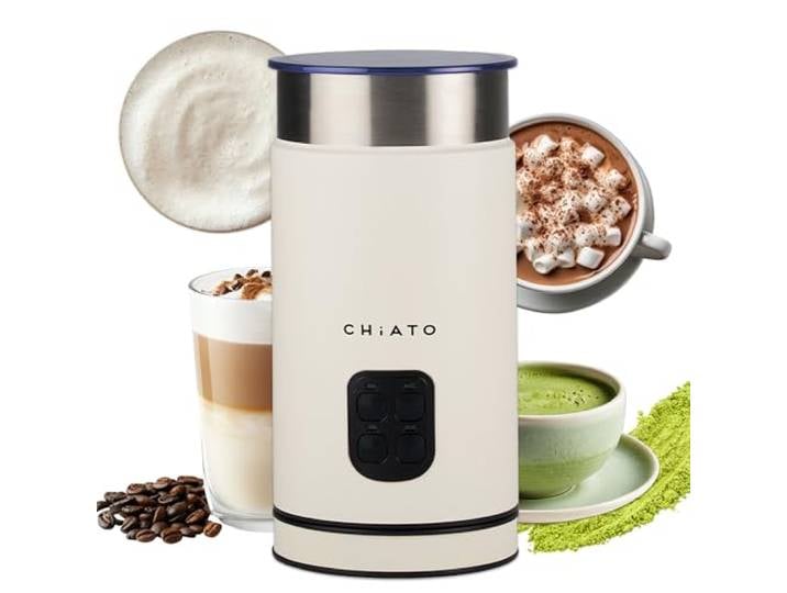 CHiATO milkPLAY Mousseur à lait électrique et cuillère à lait – Mousseur à lait 4 en 1\, pot à lait et chauffe-lait pour mousse froide\, matcha\, cacao et latte macchiato (blanc)