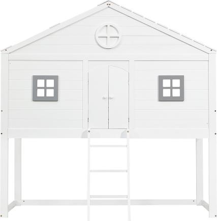 Etagenbett Ohne Matratze Hausbett 90x200 cm Weiss+Grau Mit Treppe Fallschutz Gitter Zwei Fenster Frei Gestaltetes Unterbett Massivholzrahmen
