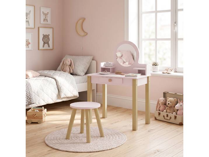 AIYAPLAY Coiffeuse Enfant Bois Rose avec Miroir et Tabouret 3-6 Ans