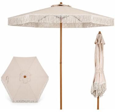 Costway 7 Feet Patio Umbrella with Fringe Sun-Protective Beach Umbrella with Boho Tassel-Beige
