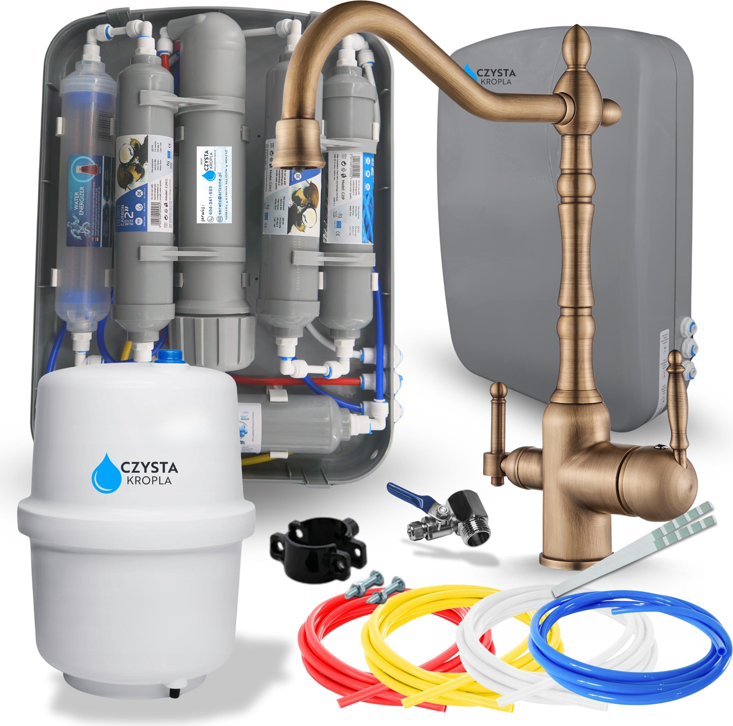 Wasserfilter Set RO7 Slim mit 3-Wege Küchenarmatur Retro Antik Messing, 7-stufige Umkehrosmose, Mineralisierung