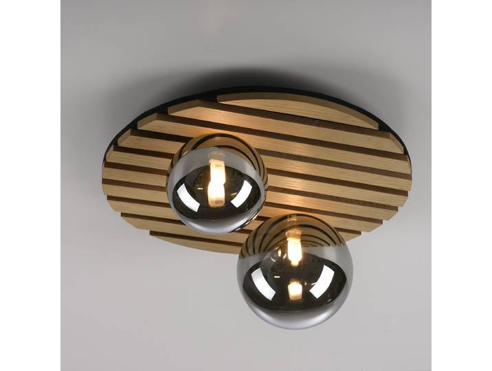 Plafonnier Rond Ø 39cm Bois Verre fumé Fer laqué G9