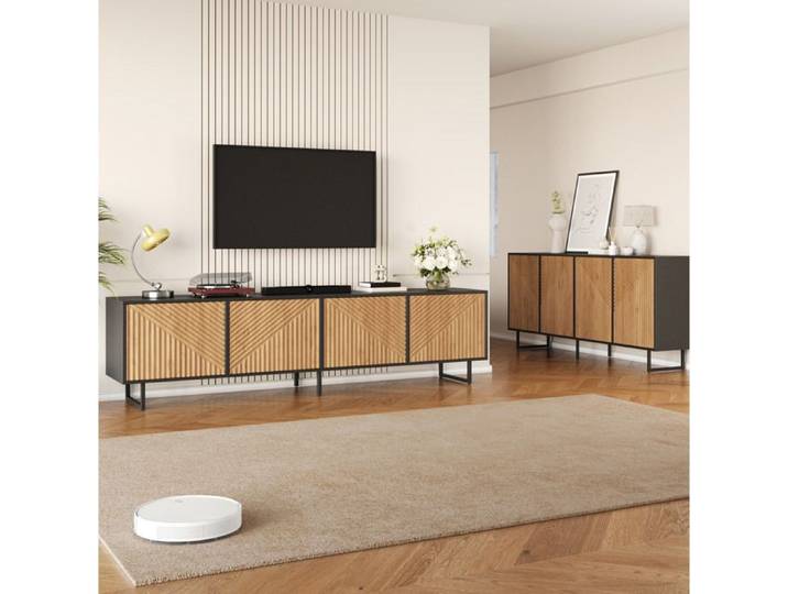 MEUBLIV Ensemble salon buffet et meuble TV 4 portes effet bois naturel et noir 180 cm