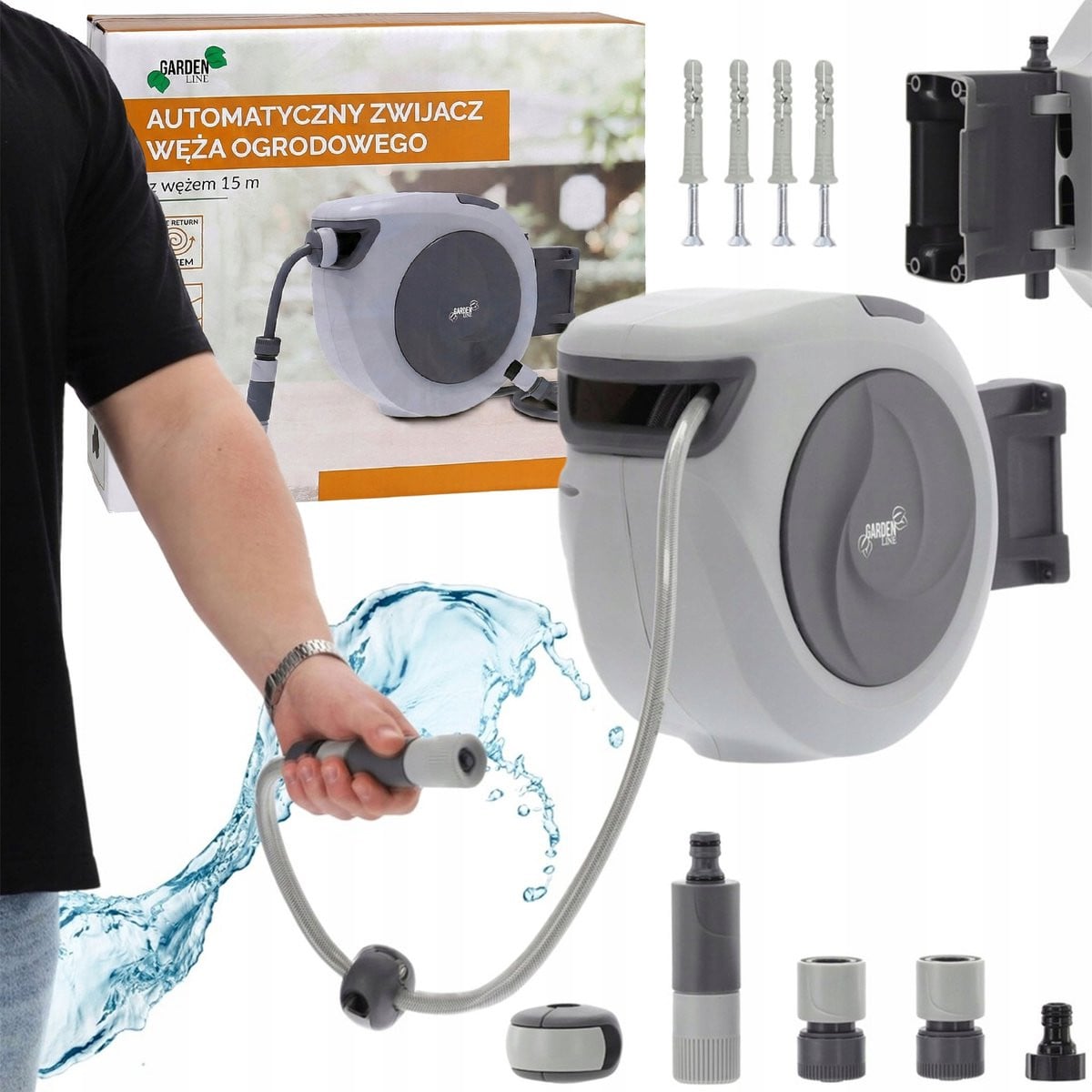 Automatische Tuinslanghaspel Wandmodel 15m PVC inclusief accessoires