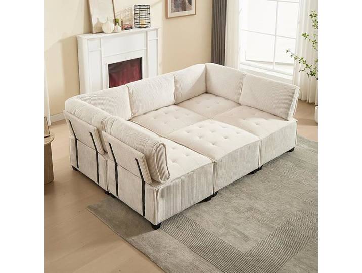 Canapé modulable 308 cm 6 places avec rangements convertible en U/L et canapé-lit pour salon familial，beige CANAPE