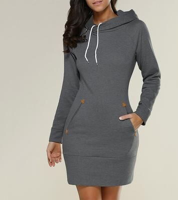 Women Boutique Hooded Warm Sweat Shirt Dress, Womens Knee Length, Long Sleeve, Side Zip Neckline, Pockets, Simple Casual Sports Skirt d Arkgrey 2xl