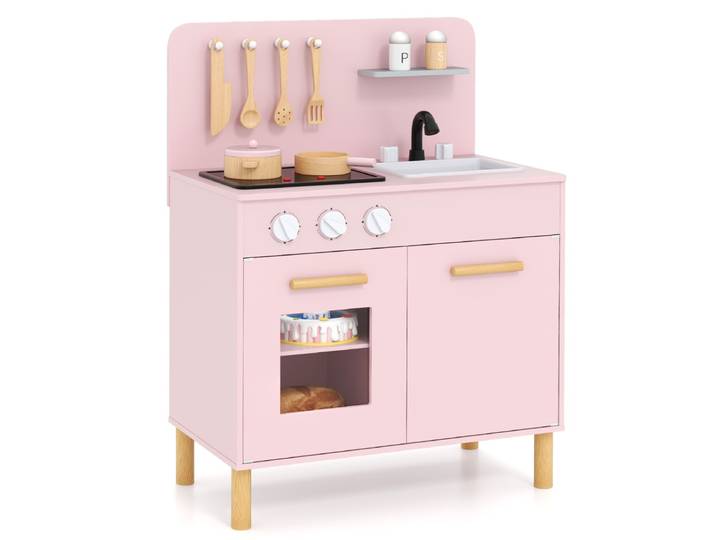 Speelkeuken voor Kinderen Vanaf 3 Jaar Houten Speelkeuken met Licht Geluid Fornuizen Gootsteen Oven en Keukenaccessoires-Roze