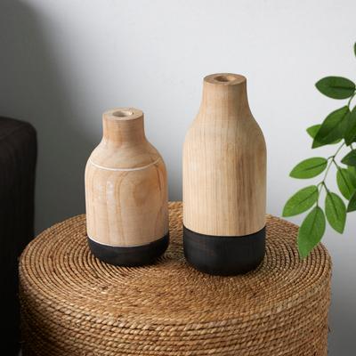 ARCILLA ELEMENTAL Light Brown Wood Colorblock Decorative Vase with Black Bases (Set of 2)