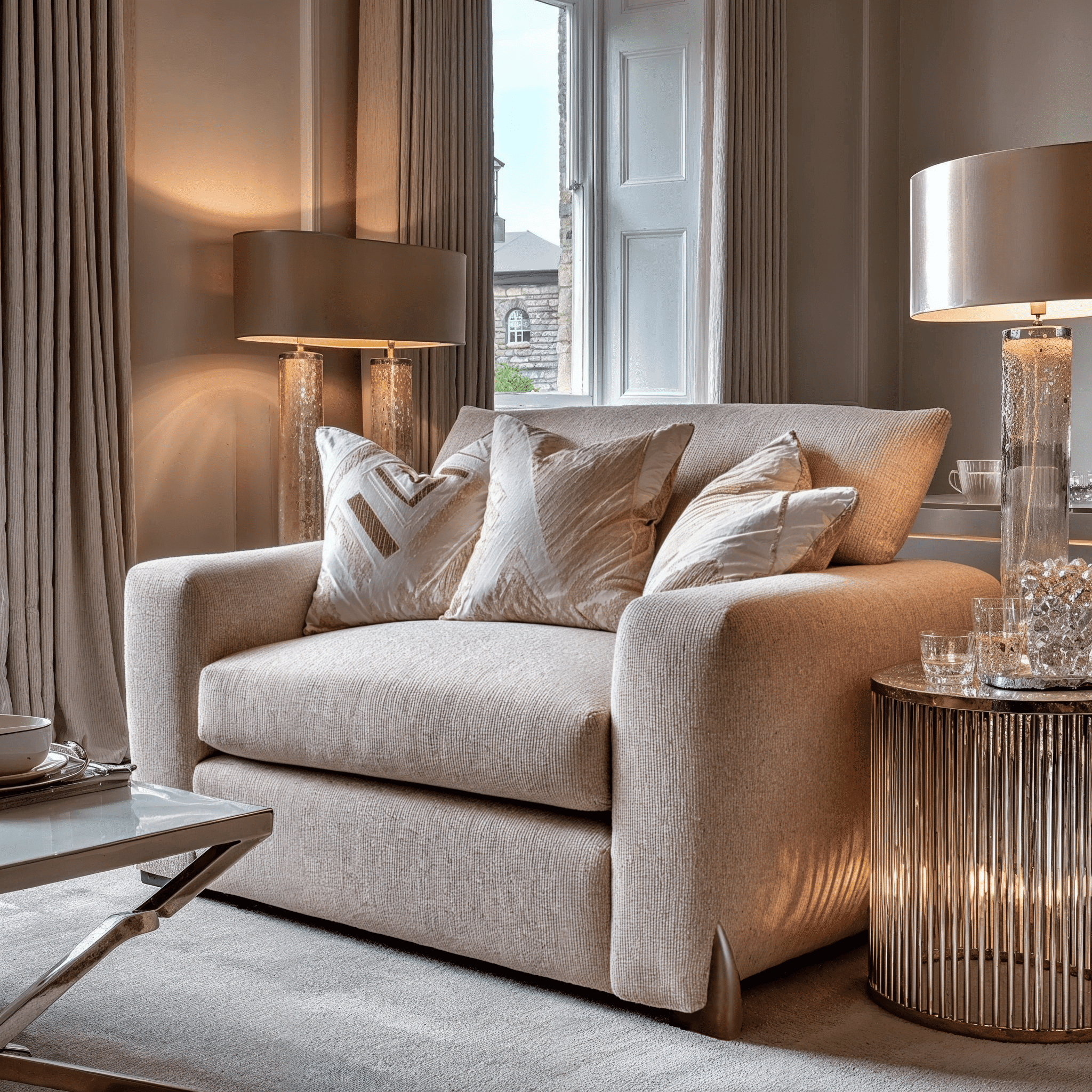 Mila Taupe Soft Textured Love Seat with Gold Feet