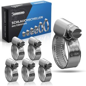 GARSIDURO Schlauchschelle SGS-W4-010016-10, Klasse W4, Set, Ø 10 - 16 mm, mit Schneckengewinde, Edelstahl, 10 Stück