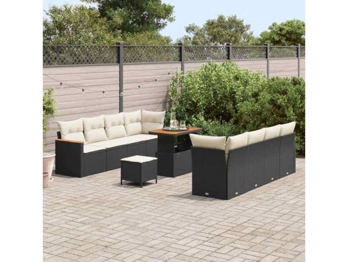 KTHLBRH Modulares Sofa-Set aus Polyrattan, 12-teilig, Schwarz Stahlgestell, Akazienholz, waschbare Kissen, Verwendung im Außenbereich