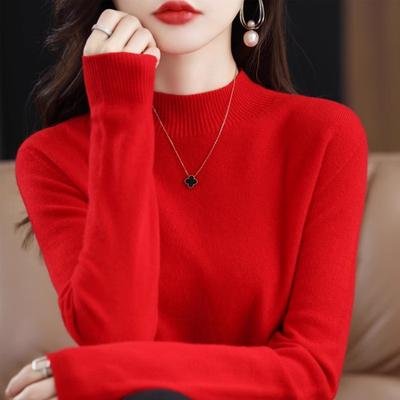 GlowBake Autumn Winter Women Sweater, Fashion Warm Bottoming Shirts, Half High Collar Knitwear Solid Long Sleeve Pullovers red xxl