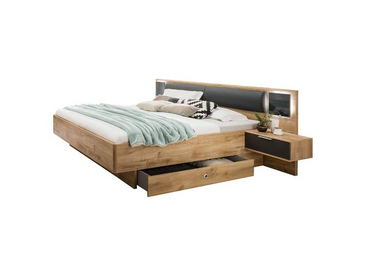 Lomadox Bett VIESTE-43, 180cm, 2 Bettschubladen, 2 Nachttischen, Beleuchtung, graphit/Eiche