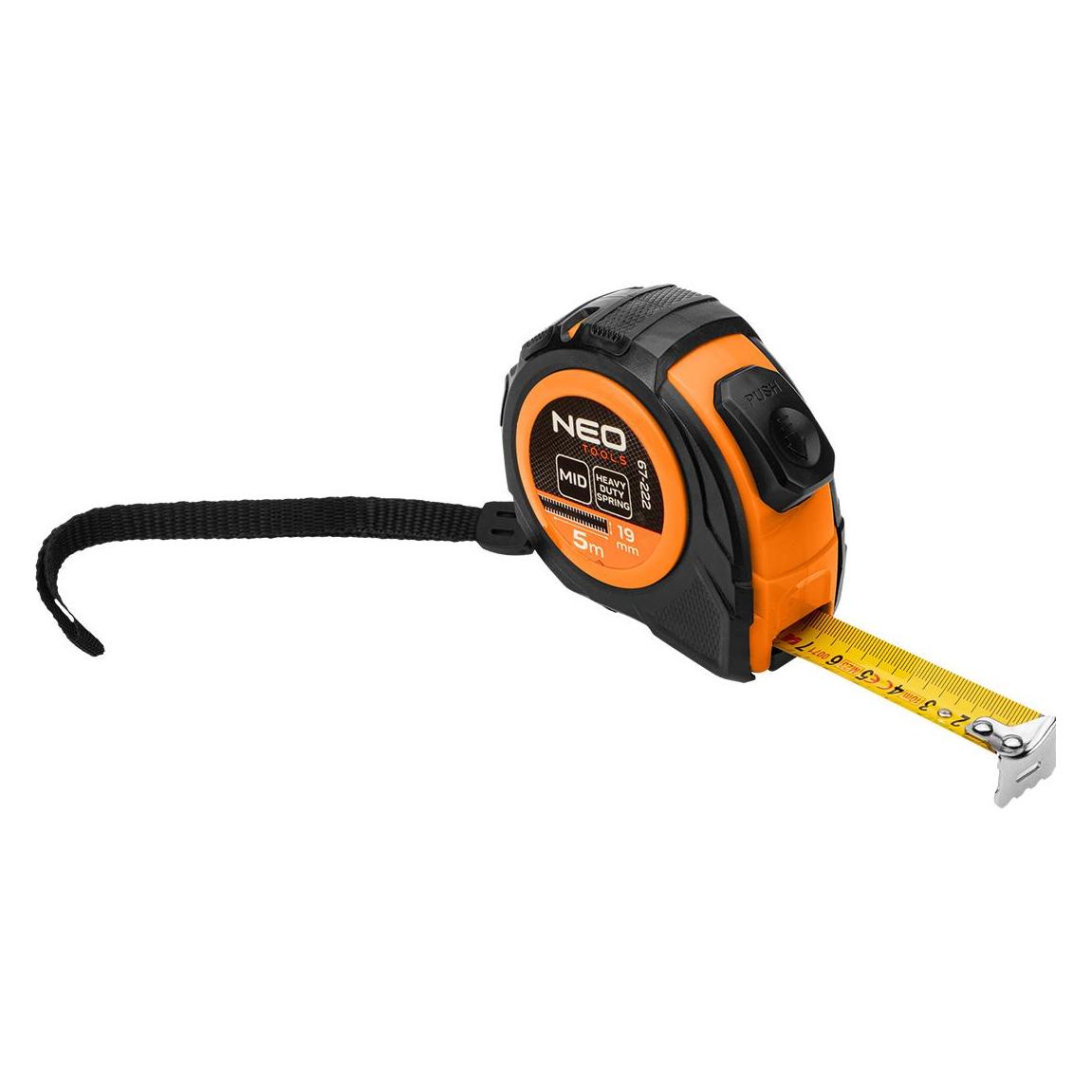 Neo Aufrollbares Stahlbandmass 5 m x 19 mm, selbstverriegelnd, zwei Stopptasten (5 m) (67-222)