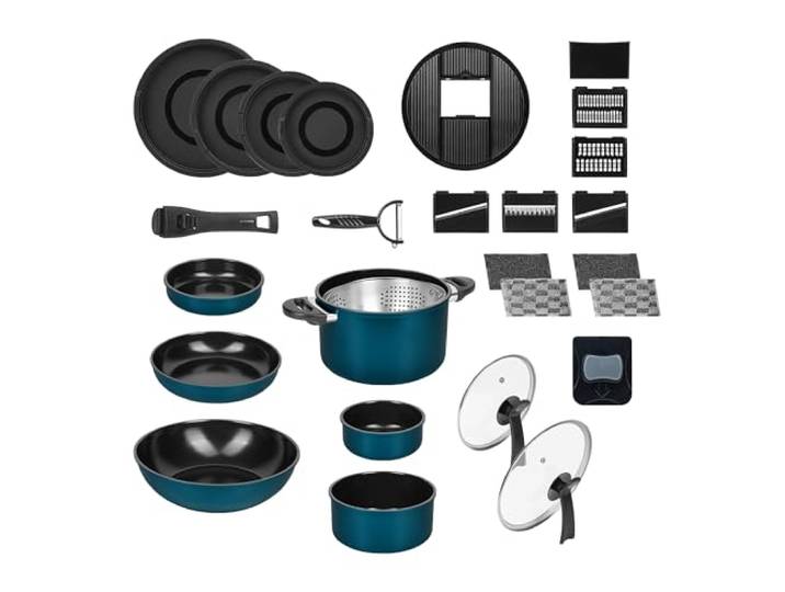 Genius Kelton Kochgeschirr Set 27-tlg. Türkis Ø 28 cm Evernon-Antihaft-Technologie, PFOA- & PTFE-frei, 9-tlg. Smart Slicer, abnehmbarer Griff, backofenfest bis 250 °C, spülmaschin