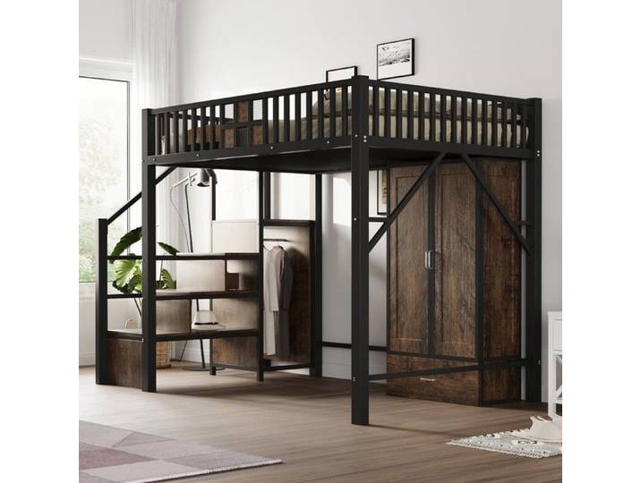 Lit mezzanine - MINIMAL - 140x200 noir métal bois tiroirs rangement armoire échelle moderne enfant adulte