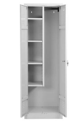 Putzmittelschrank, B 600 mm, 4 Böden, verkürzte Mitteltrennwand, abschließbar, lichtgrau RAL 7035/lichtgrau RAL 7035