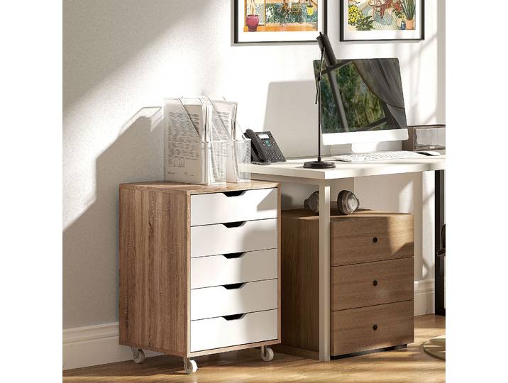 Vinsetto Caisson Mobile 5 Tiroirs Blanc et Chêne 47,5x39,5x67,5 cm