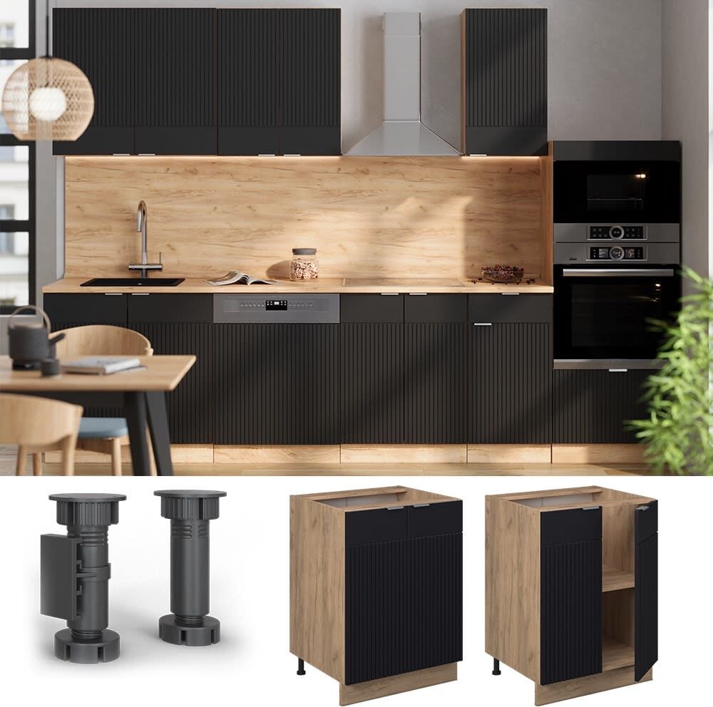 Vicco Meuble bas de cuisine pt chêne noir rayé 60x82cm Noir 60x82x60cm