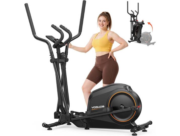 YOSHINO Appareil de course elliptique pliable pour la maison, appareil de course elliptique avec 16 niveaux de résistance, machine elliptique de cardio ultra-silencieuse, écran LCD &amp; roulettes de transport
