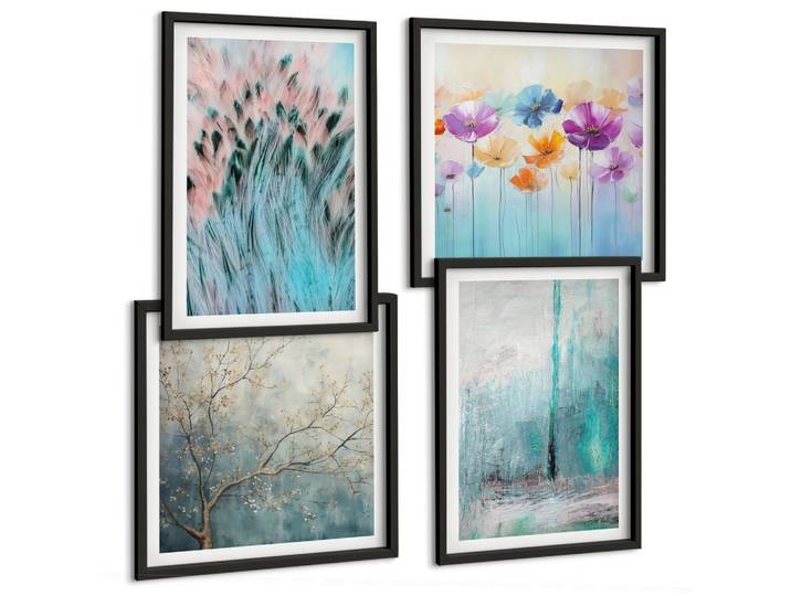 BILDER SET 4er Set - 50x50 cm & 40x60 cm Schwarzer Rahmen - Hintergrundmuster mit Pastellblumen