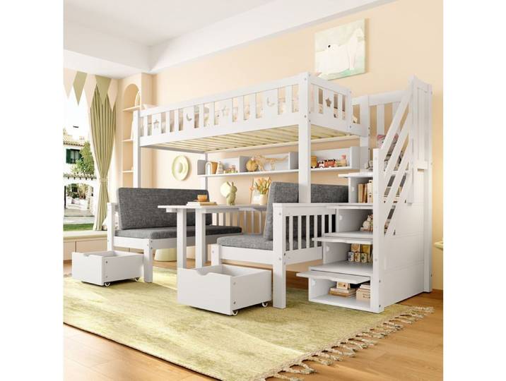 Lit mezzanine enfant 90x200 AESVAR en pin blanc avec bureau pliant escalier de rangement et barrières