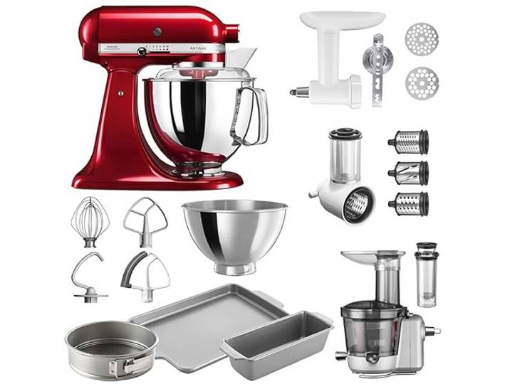 KitchenAid Artisan Küchenmaschine, 4,8 Liter, inkl. Zubehör, Fleischwolf, Gemüseschneider, Entsafter-Vorsatz, Backset 2 Backformen 1 Backblech Mega-Winter-Set