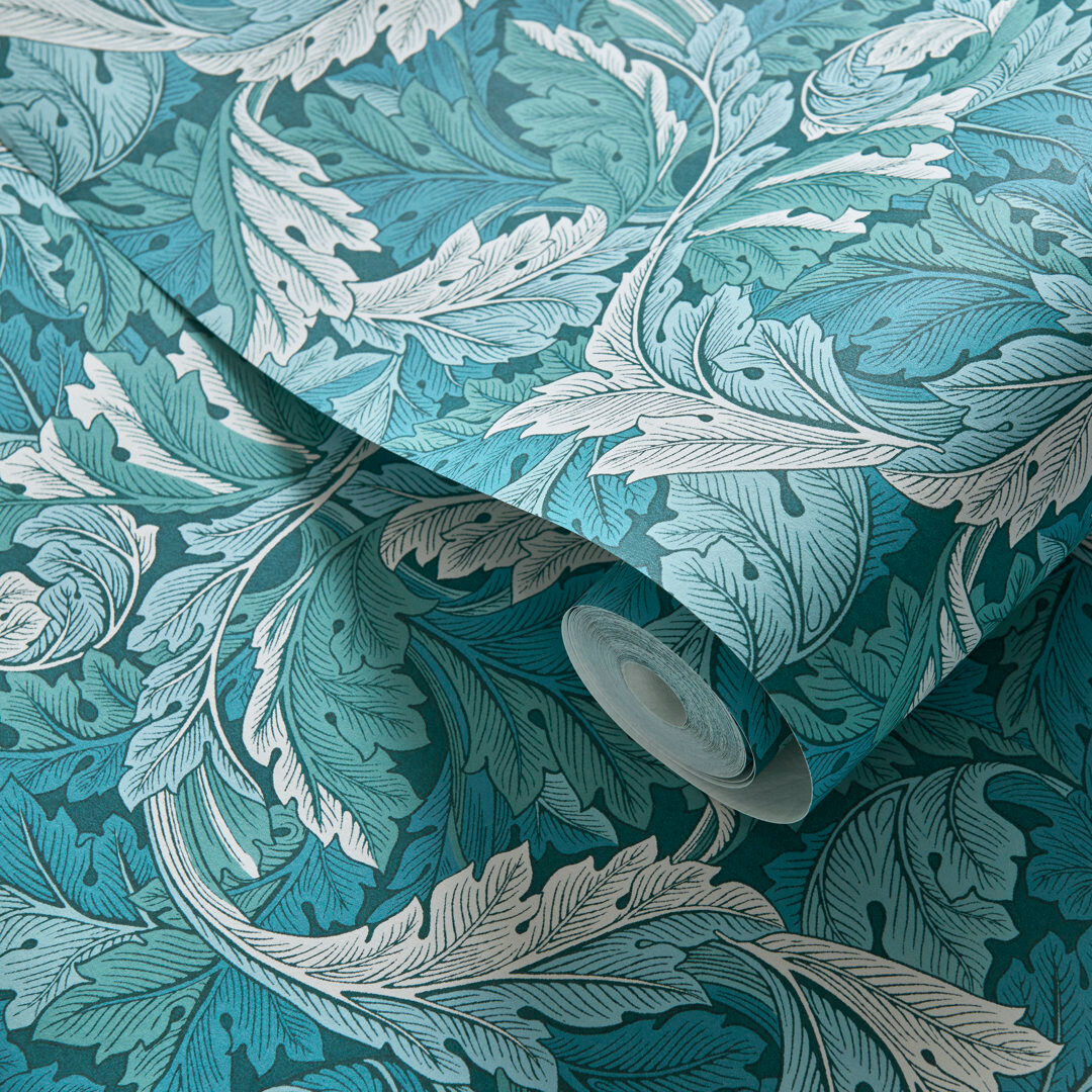 William Morris Designs by Clarke & Clarke Acanthus William Morris 10.05m x 52cm Matte Wallpaper Roll Blue/Teal 1,005cm L