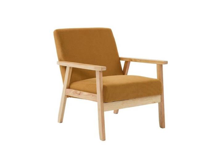 Fauteuil vintage / scandinave structure en bois et contreplaqué et assise en velours côtelé coloris moutarde