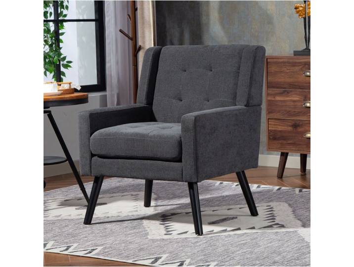 Fauteuil capitonne gris fonce avec accoudoirs pieds en bois 130 kg petit espace
