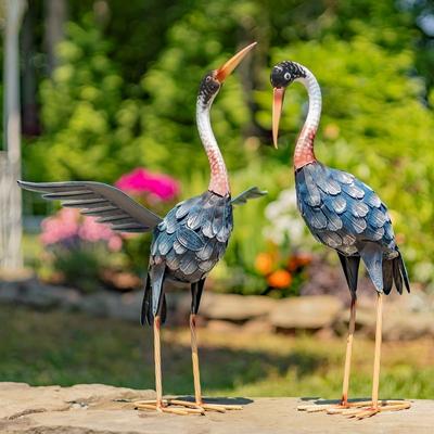 Zaer Ltd "20.25"" Tall Set of 2 Painted Iron Blue Crane Figurines"