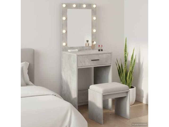 LPERTGFHU Schminktisch Beton Grau 50 x 41 x 135 cm Holzwerkstoff LED Inklusive Flachspiegel, 2 Schubladen, USB-Anschluss, Minimalistisches Design