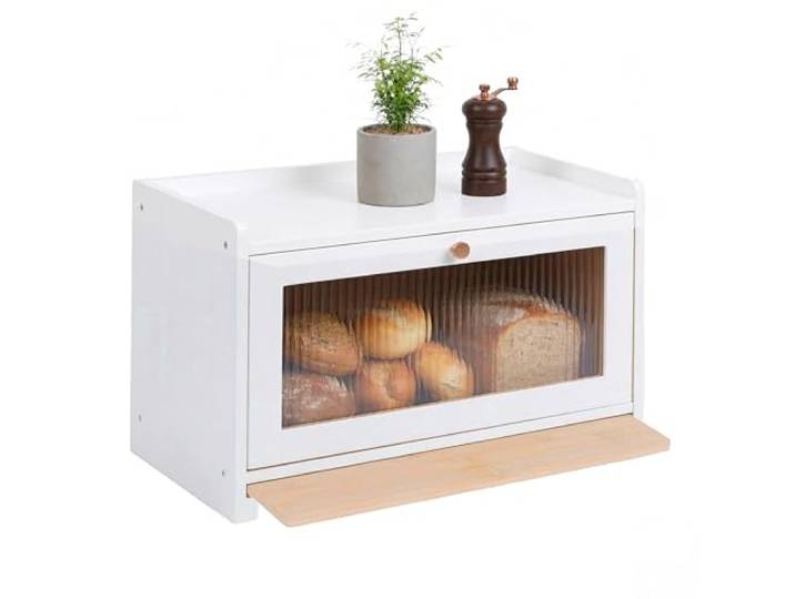 Relaxdays Brotkasten, Bambus, Schneidebrett, Ablage, Luftlöcher, weiß