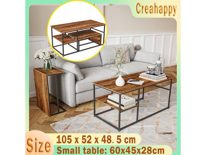 Creahappy Ensemble de table de canapé carrée, table basse finition bois naturel, grande et petite table d'appoint combinée