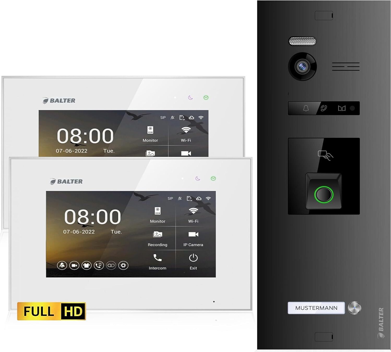 HD Video Türsprechanlage mit Fingerprint und RFID für 1 Familienhaus, 2x Monitore, Balter EVO HD Fingerprint