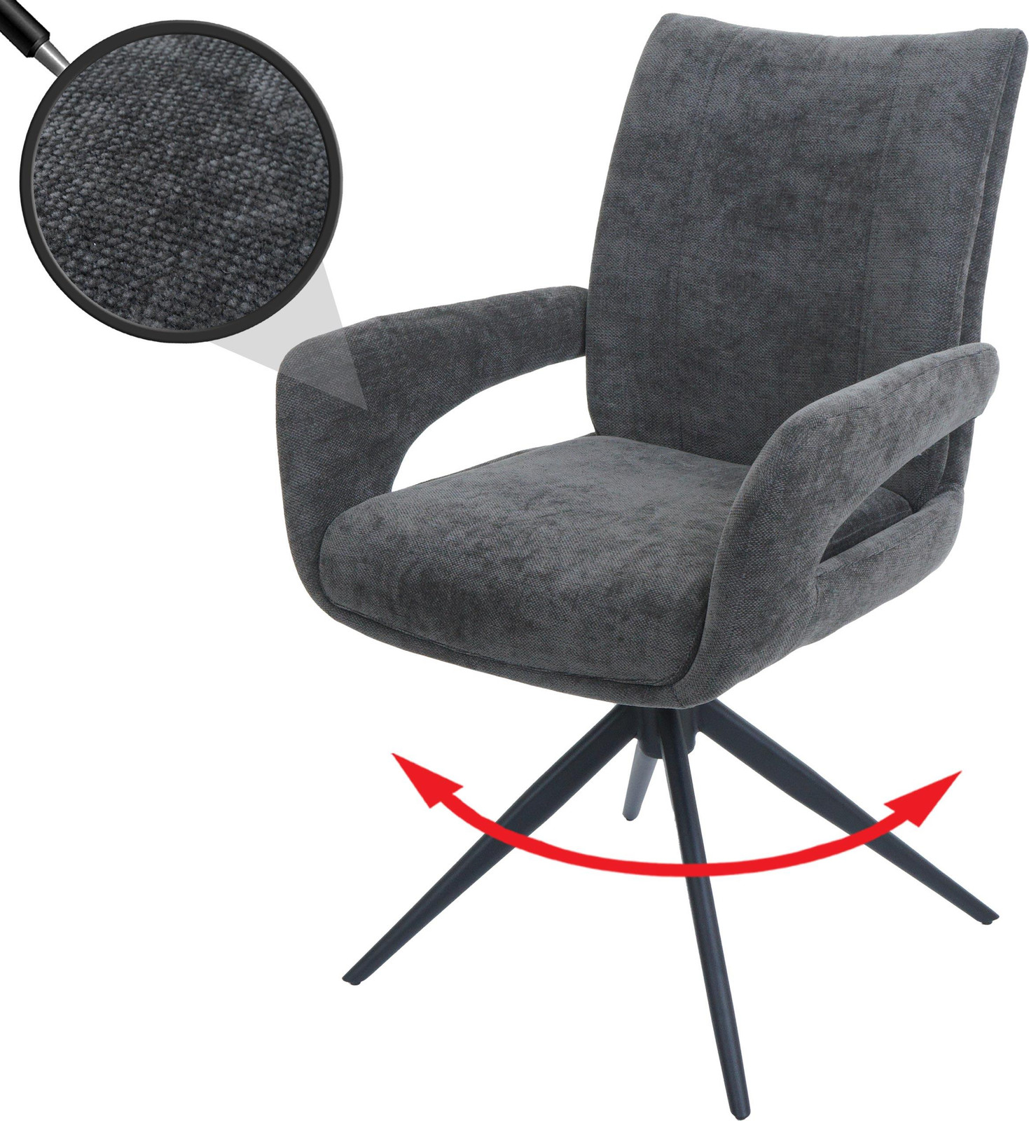 Mendler Eetkamerstoel HWC-O78, draaibare keukenstoel met automatisch terugdraaimechanisme, donkergrijs chenille textiel