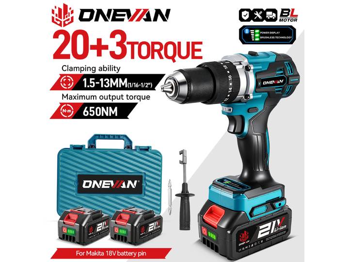 ONEVAN 650NM 13MM perceuse électrique sans brosse 20 + 3 couple perceuse à percussion sans fil Li-ion tournevis électrique pour broche de batterie Makita